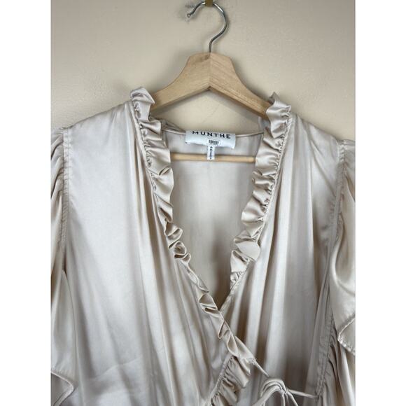 Munthe Vox Wrap Blouse Women’s Ivory Ruffle Satin Like Top Approx Size M/L Boho - Picture 3 of 13